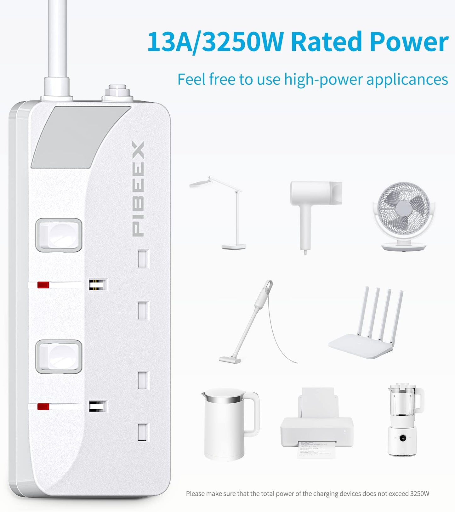 PIBEEX Extension Lead 2 Way Plug Sockets with Individual Switches Wall Mountable Power Strip 1.5M Extension Cable 13A Fused UK Plug 3250W