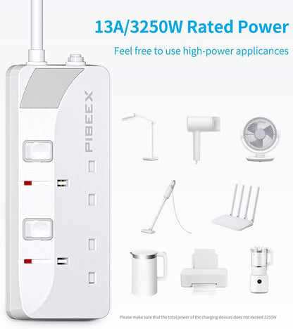 PIBEEX Extension Lead 2 Way Plug Sockets with Individual Switches Wall Mountable Power Strip 1.5M Extension Cable 13A Fused UK Plug 3250W
