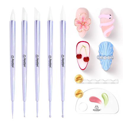 Beetles Nail Art Brushes 8pcs – Crystal Nail Art Tools 5pcs Double-headed Nails Dotting Tool, 3pcs Striping Liner Brushes for Nails with Pearls Bowknot Stickers, DIY Home Salon Manicure Design Tools