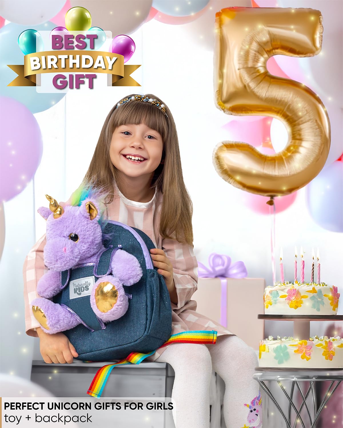 Naturally KIDS Small Unicorn Backpack - 3-4 Year Old Girl Gifts - Toddler Backpack for Girl Boy w Stuffed Animal - Toys for 3 Year Old Girls - w Pockets & Reflective Logo - Backpack w Purple Unicorn