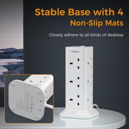 Tower Extension Lead with 3 USB Slots, TESSAN 12 Way Multi Plug Adaptor with Switch, Surge Protected Power Strip with 2M Cable (13A 3250W) for Home, Office, Kitchen, School Supplies