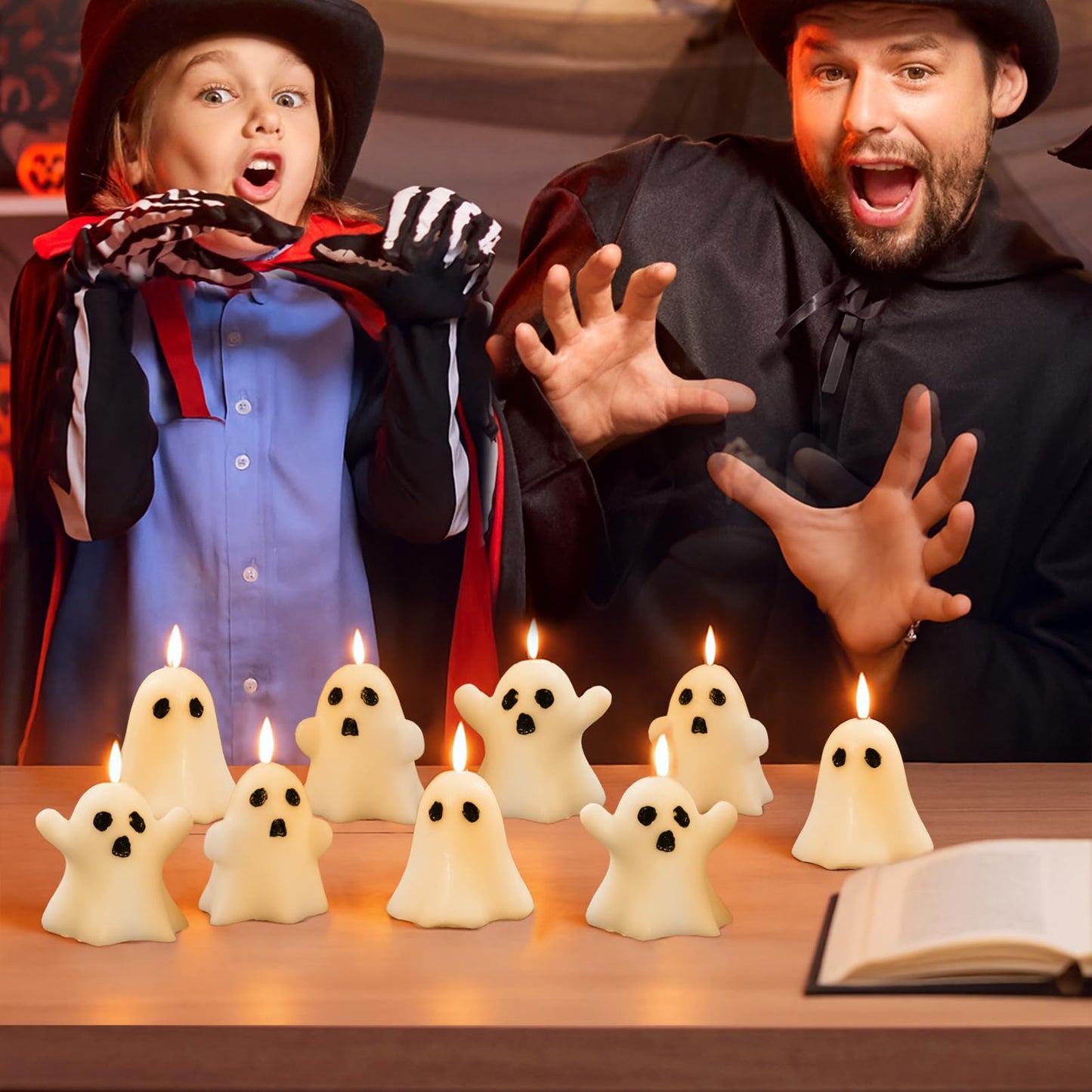 12 PCS Halloween Ghost Candles Spooky Candles White Floating Candles Halloween Decorative Tabletop Candle White Dripless Wax Burning Candle for Holidays Party