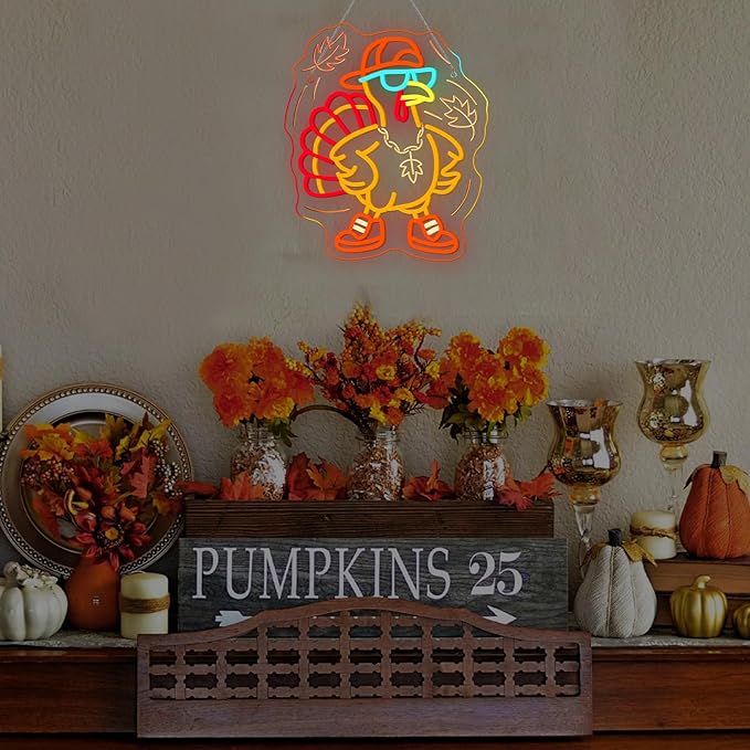Thanksgiving Turkey Neon Sign Indoor Cool Light Sign Dimmable Turkey LED Light Up Fall Neon Decor for Dining Room Music Classroom Thanksgiving Christmas Party Gift