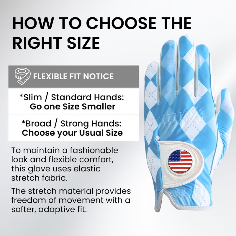 FINGER TEN Golf Gloves Men 1 Pack with Ball Marker for Left Hand Right, Stylish Patterns & Breathable Design for Comfortable All-Weather Grip, Golf Glove Sizes S M ML L XL (Blue Plaid, Large, Right)