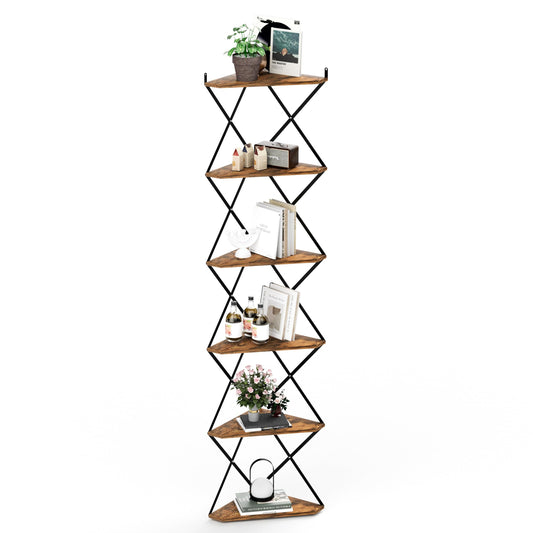 IRCPEN 6 Tier Wall Mounted Corner Shelf Stand, Industrial Corner Bookshelf with X Metal Frame, Tall Standing Shelf Organizer, Bookcase, Plant Stand for Living Room, Bedroom Rustic Brown CS-006RB