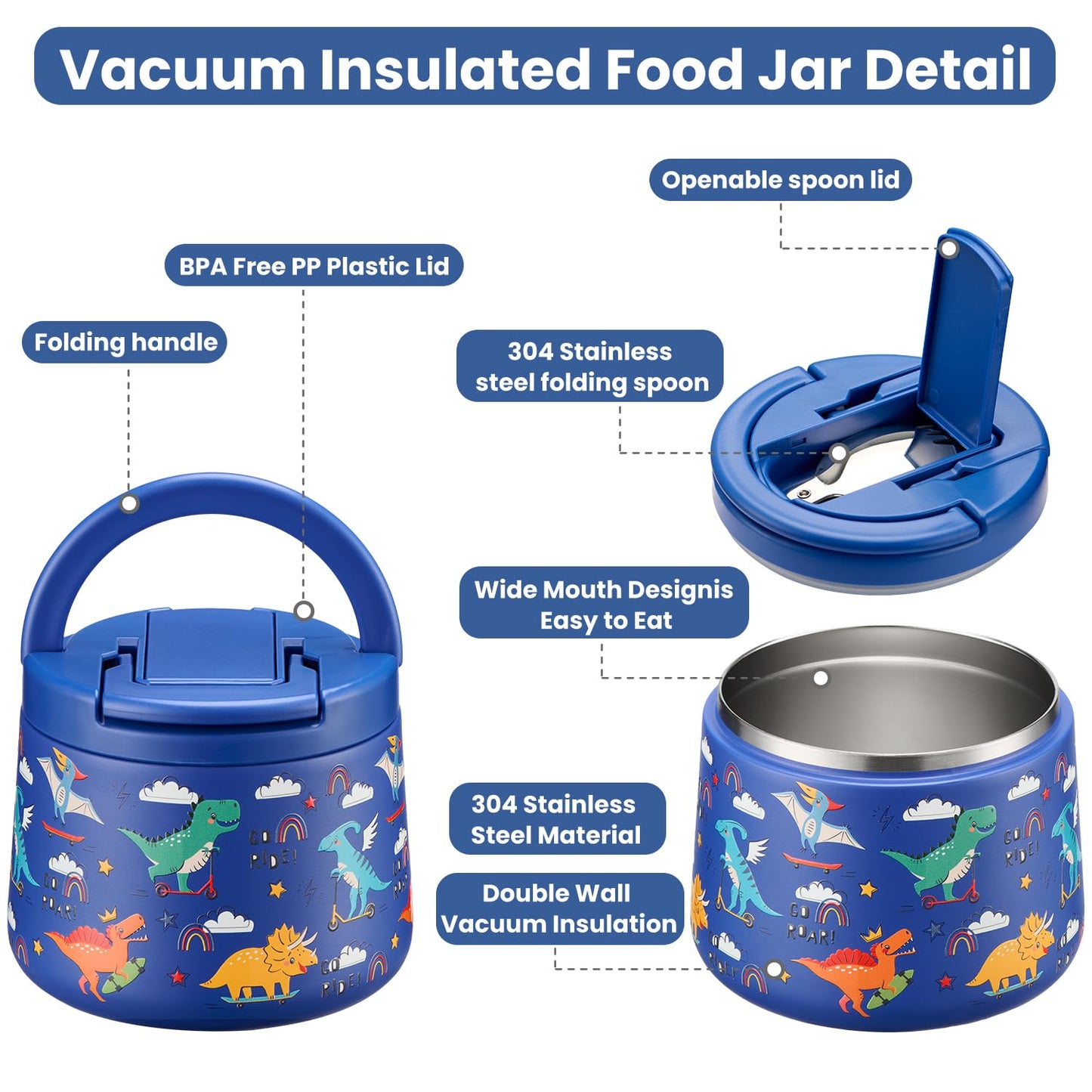 14oz Insulated Vacuum Food Jar with Buckle Lid,Soup Thermo for Hot Food Kids,Wide Mouth Leakproof Stainless Steel Lunch Container with Spoon-Dinosaur