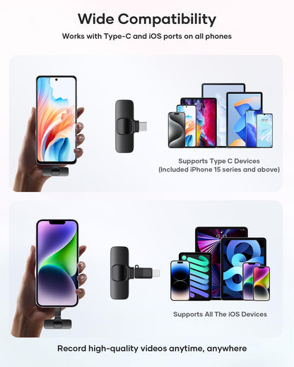 2 Pack Wireless Lavalier Microphone for iPhone iPad and Android Phone, Lapel Mic Plug and Play Wireless Mic Noise Reduction Mini Microphone for Video Recording Interview Podcast Vlog YouTube Tiktok