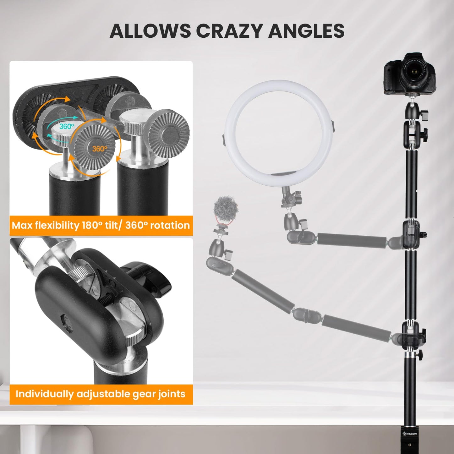 TARION Desk Camera Mount Stand Heavy Duty Articulated Camera Arm Articulating Table Mount Camera Stand Adjustable Flexible Gear Joints TKA01-L