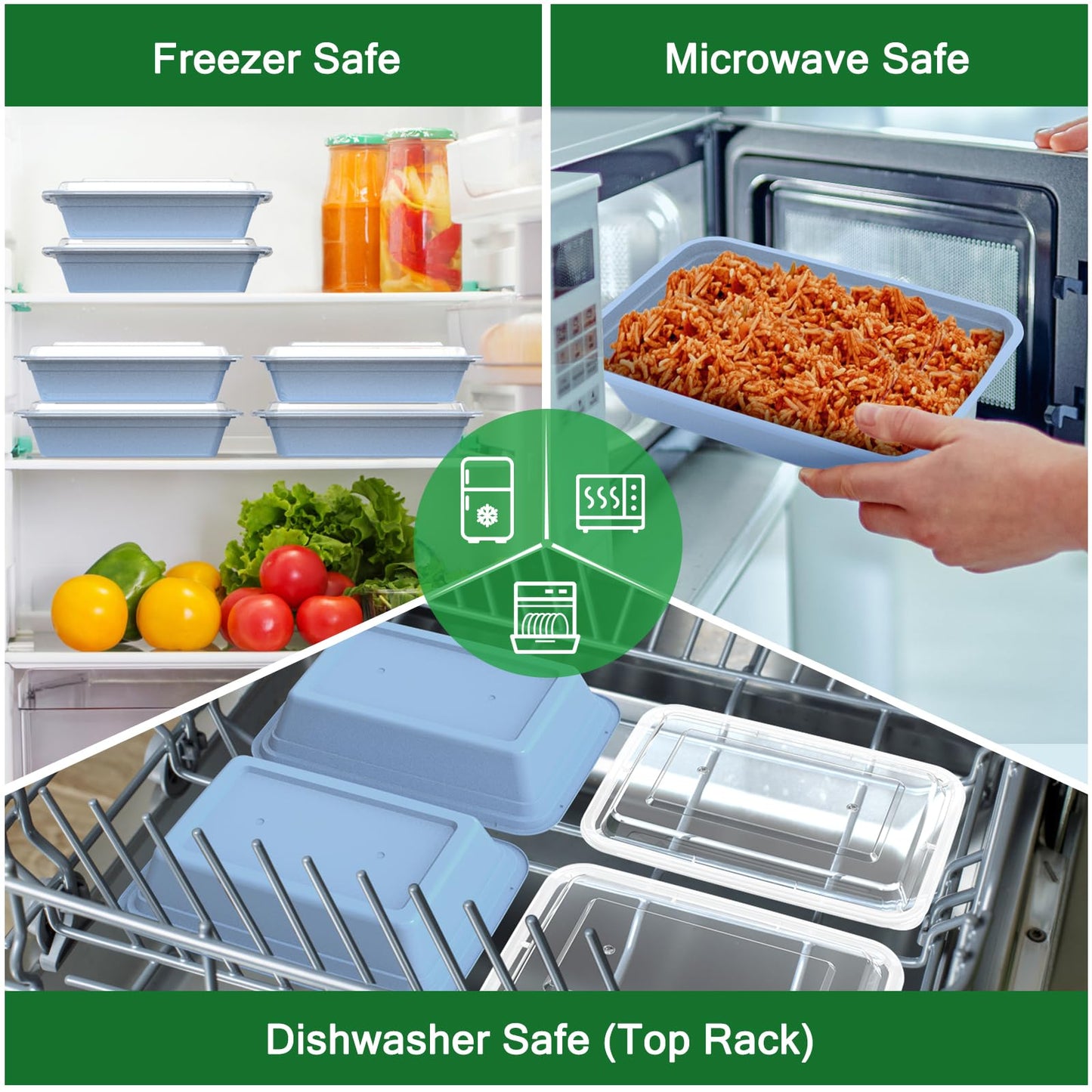 50 Pack (100-Piece) 32 oz Meal Prep Containers Reusable with Easy Open Lids, Sturdy Leakproof Food Safe, Microwave Freezer Dishwasher Safe, To Go Take Out Plastic Food Storage Pans with Lids, Blue