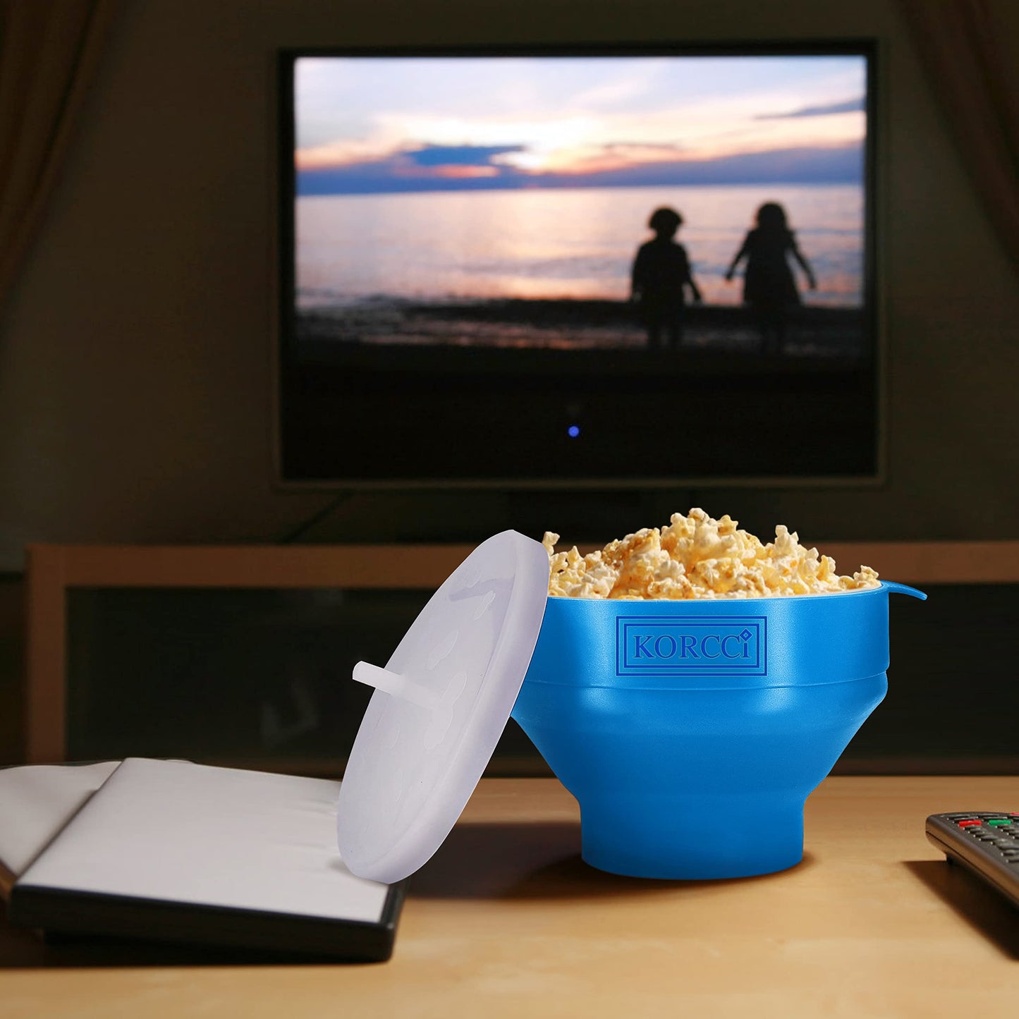 The Original Korcci Microwaveable Silicone Popcorn Popper, Microwave Popcorn Popper, Collapsible Microwave Popcorn Maker Bowl, No Oil Required, Use In Microwave, Dishwasher Safe (Blue)