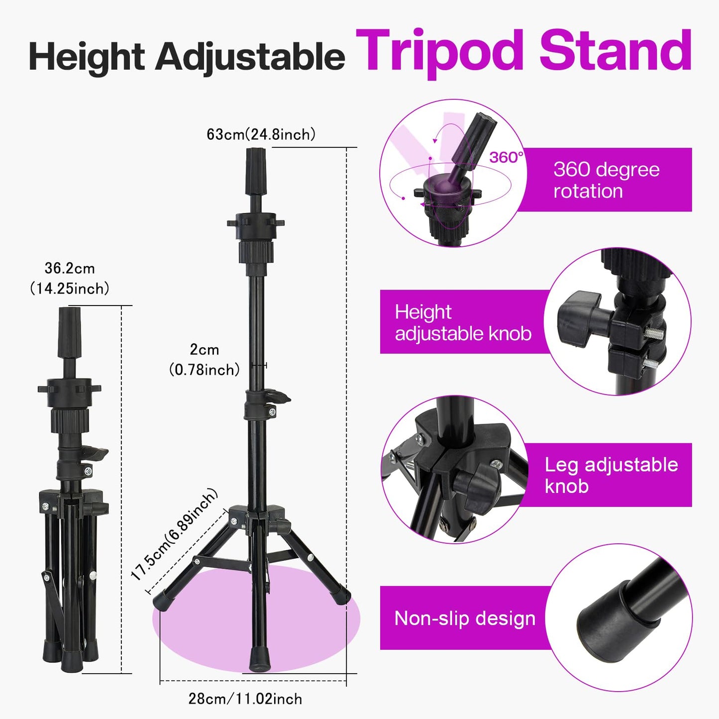 Neverland Beauty & Health 23 Inch Wig Head Stand Tripod, with Canvas Mannequin Heads for Wigs, Manikin Canvas Head Block Set for Making Display with T Pins Set Bristle Brush