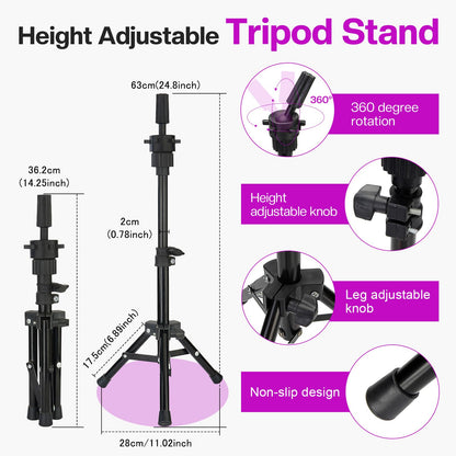 Neverland Beauty & Health 23 Inch Wig Head Stand Tripod, with Canvas Mannequin Heads for Wigs, Manikin Canvas Head Block Set for Making Display with T Pins Set Bristle Brush