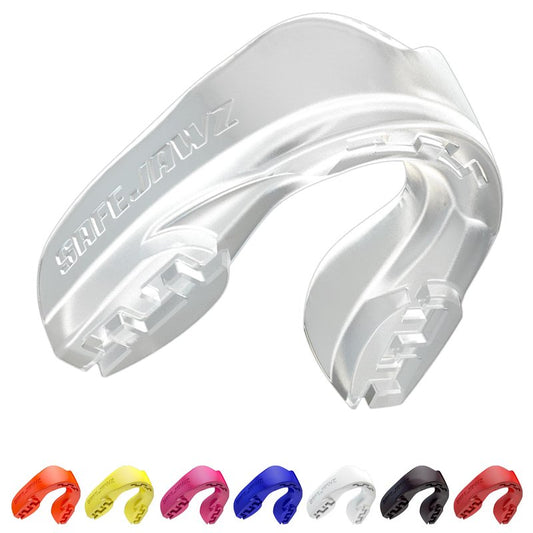 SAFEJAWZ Mouth Guard, Slim Fit Mouthguard for Youth with Case, Easy Fit Remoldable Mouthpiece for Football, Boxing, Lacrosse, MMA, Basketball & All Contact Sports (Kids <11 Years, Clear)