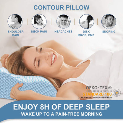 Anvo Memory Foam Pillow, Neck Contour Cervical Orthopedic Bed Pillow for Sleeping Side Back Stomach Sleeper, Ergonomic Design for Neck and Shoulder Pain Relief, Blue White, Firm