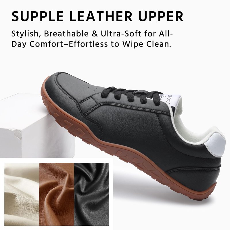 Barezoey Barefoot Shoes Mens Casual Shoes,Leather Wide Toe Box Shoe Zero Drop Barefoot Sneakers for Men,Non-Slip Lightweight Comfortable Minimalist Daily Office Running Walking Tennis Shoe Black