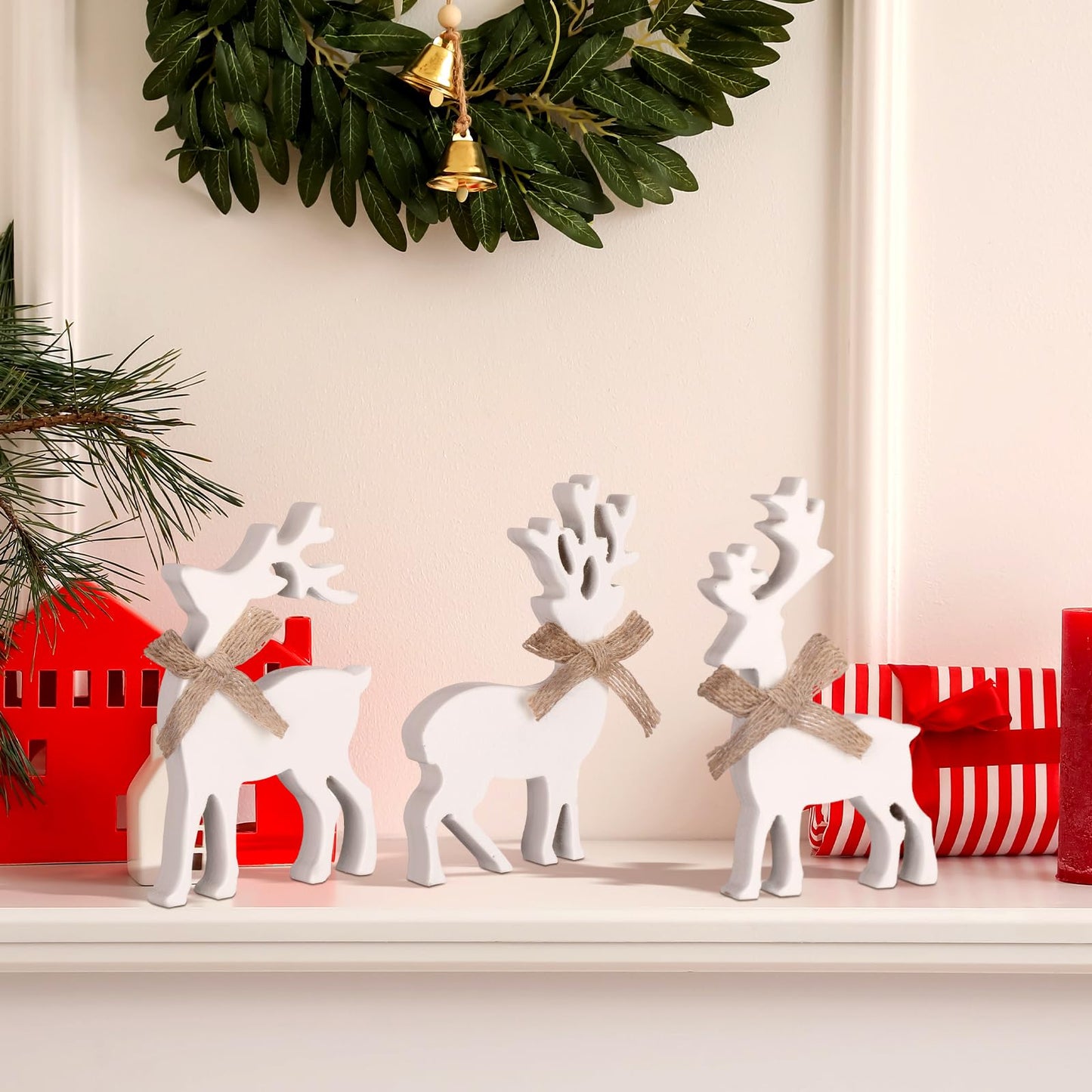 Redbaker 3 Pcs Reindeer Christmas Decorations Indoor Wooden Reindeer Cutouts Christmas Tiered Tray Decor White Rustic Block Sign for Xmas Winter Centerpieces Home Office Table Shelf Desk Mantel Decor