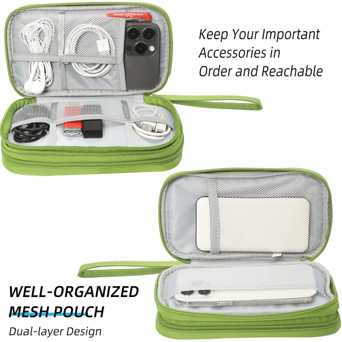 CAAORDKSO Electronic Organizer Travel Cable Accessories Bag, Case for Cable, Cord, Charger, Phone, Power Bank, Earphone (Grass Green, Medium)