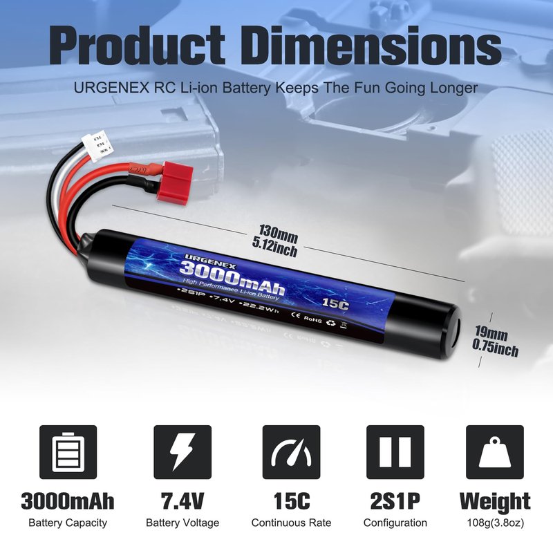 URGENEX 3000mAh Airsoft Battery 7.4V Stick Battery with Dean-Style T Plug 2S Rechargeable Stick Shape RC Lithium-ion Fit for Most Airsoft Model Guns Rifles