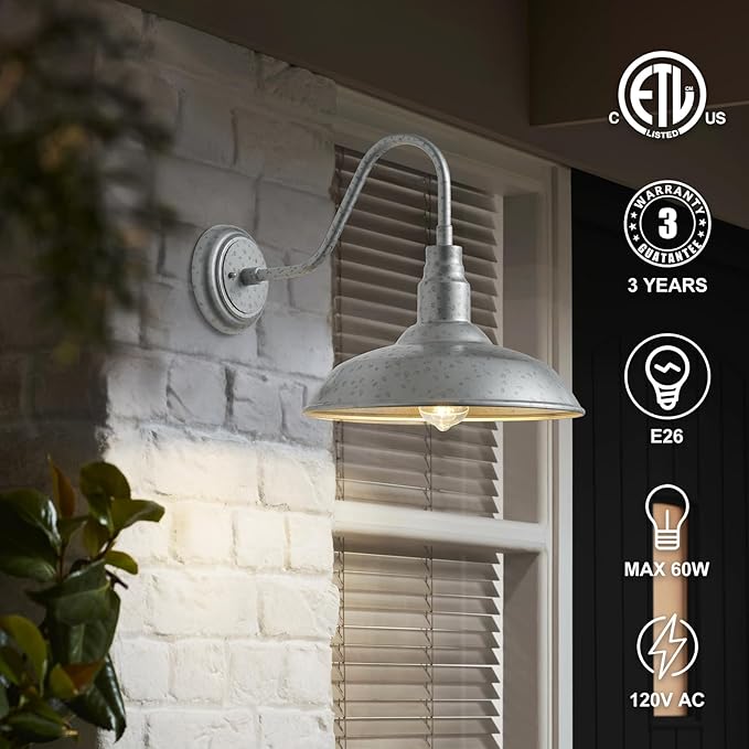 10in. Dome Outdoor Gooseneck Barn Light, 2 Pack Galvanized Steel Exterior Gooseneck Lighting Fixture with Wall Mount Farmhouse Style Outside Barn Door Wall Sconce, Waterproof, LM2201-SV-2P