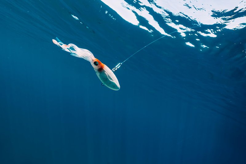 Nomad Design Squidtrex Patented Vibrating Fishing Lure- Scent Added TPE Soft Plastic Lure for Saltwater w/Strong BKK Assist Hooks, Fishing Bait that Catches Many Species, 130mm 5" 3 1/4oz- White Glow