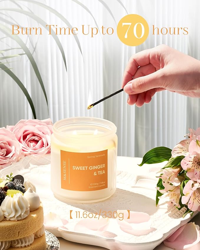 M&SENSE Sweet Ginger Tea Scented Candle - 11.6oz Natural Soy Non Toxic Candle 70-Hour Burn Time, 2 Wick Aromatherapy Housewarming Gifts for Home Decor & Women Men