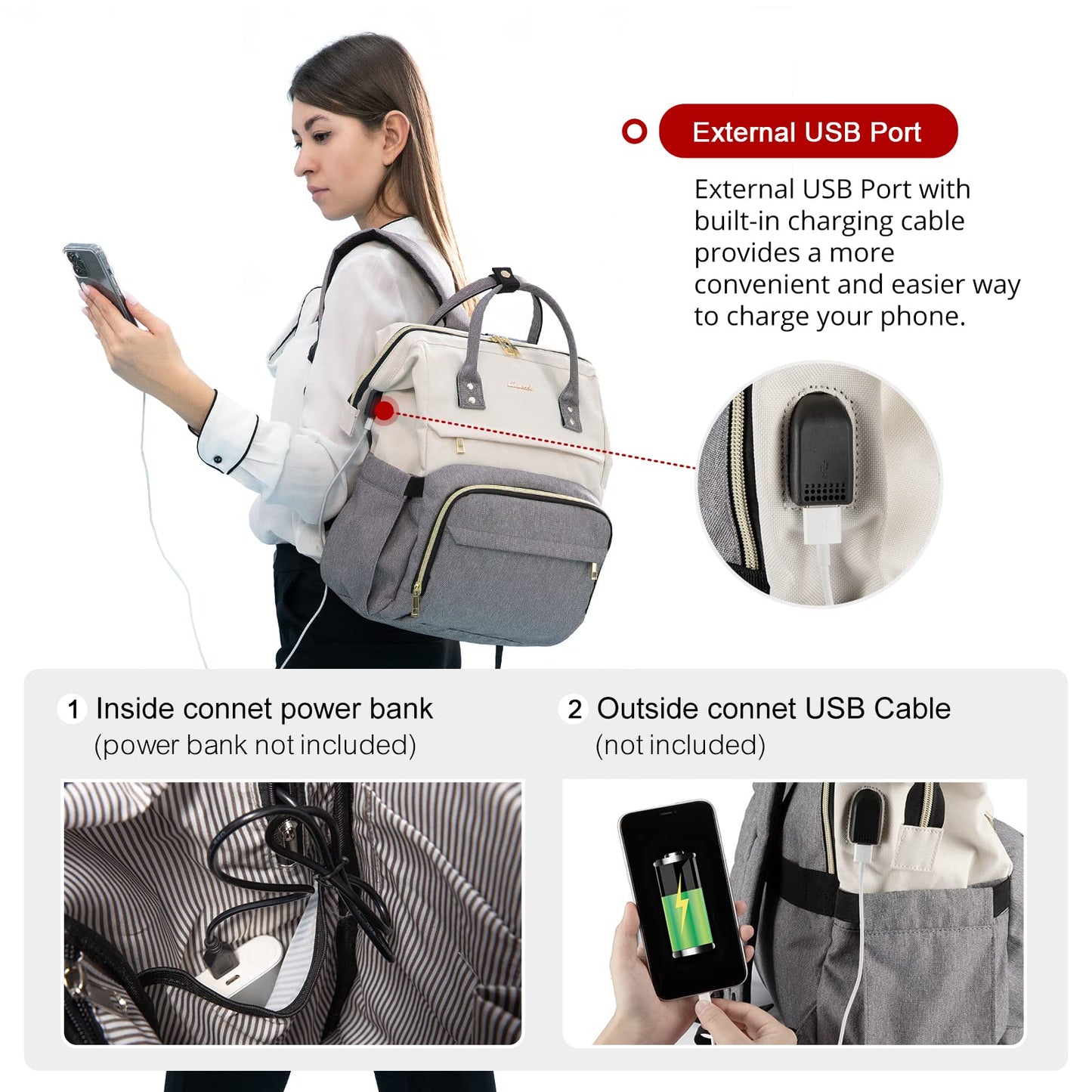 LOVEVOOK Laptop Backpack Women 15.6 inch, Work Bags for Womens, School Computer Bag with USB Port for Business College Travel, Rucksack for Teacher Nurse,BeigeGrey