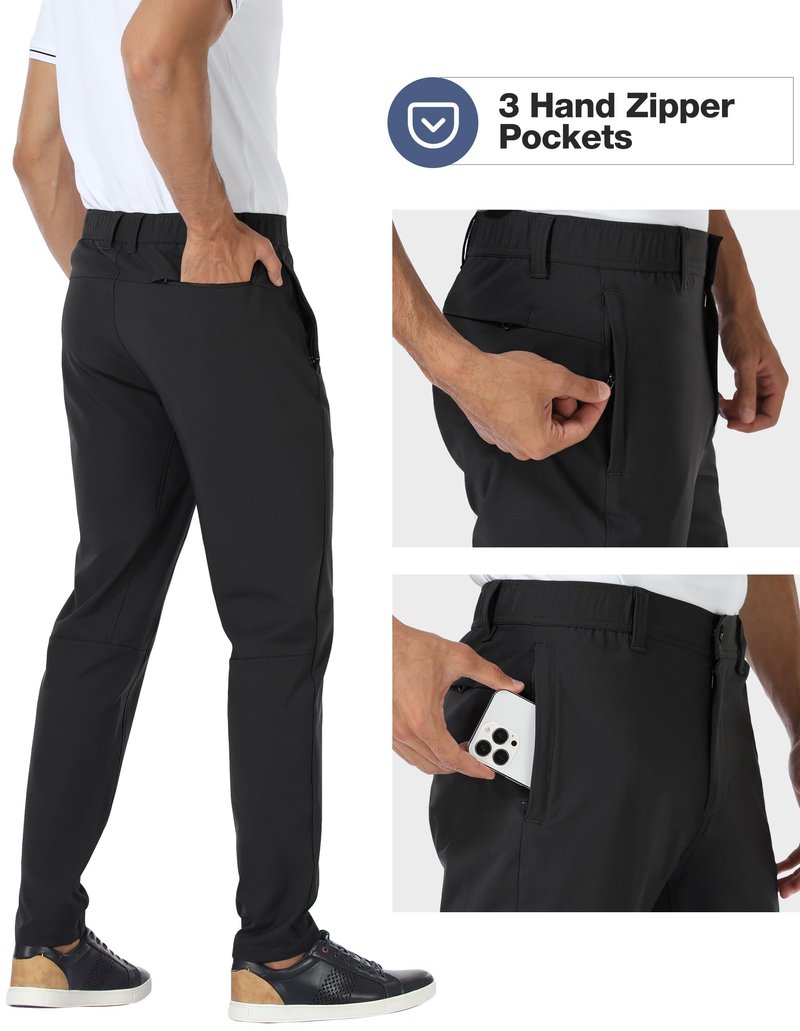 PULI Golf Pants Men Stretch Slim Fit Dress Casual Work Pants with Pockets Tapered Lightweight Waterproof Pants Black,34Wx32L
