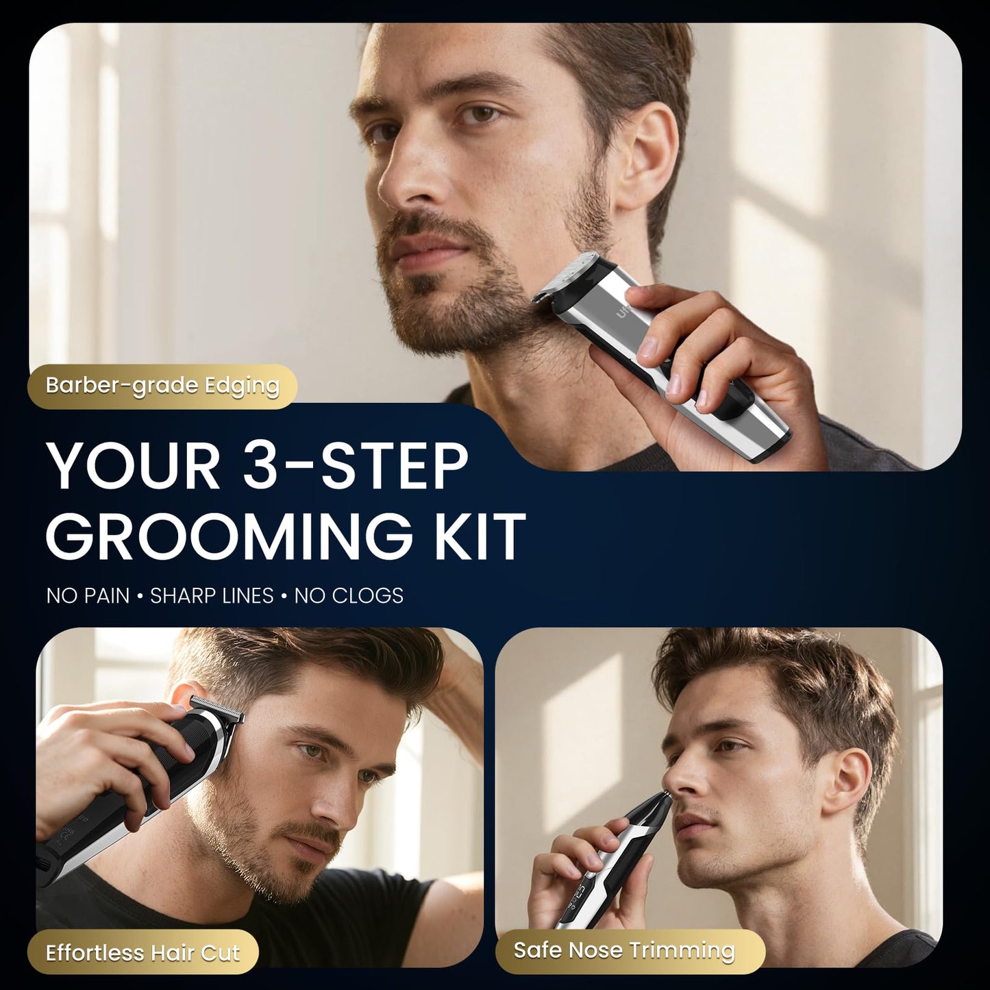 Ufree 3-in-1 Beard Trimmer Kit, Men's Electric Shaver Razor for Mustache Body Nose Facial Hair, Professional Hair Trimmer, Rechargeable Clippers, Waterproof Beard Grooming, Birthday Gifts for Men