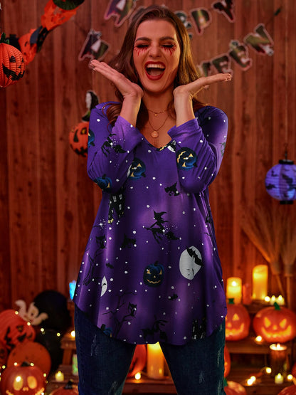 BELAROI Womens Plus Size Halloween Shirts 3/4 Sleeve V Neck Tunic Tops Basic Tee Loose Pumpkin, Witch, Horror, Pattern Print Blouses with Pocket(4X,Flower61)