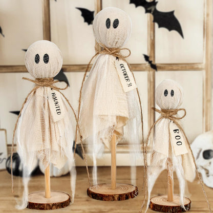 DAZONGE Halloween Decorations Indoor - Set of 3 Primitive Halloween Ghosts on Wooden Stand for Table Centerpieces, Shelves, and Mantels