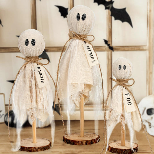 DAZONGE Halloween Decorations Indoor - Set of 3 Primitive Halloween Ghosts on Wooden Stand for Table Centerpieces, Shelves, and Mantels