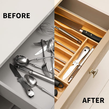 Expandable Bamboo Kitchen Drawer Organizer for Cutlery and Utensils, Adjustable Bamboo Wood Cutlery Tray in Drawer for Flatware and Silverware in Kitchen, (Natural)