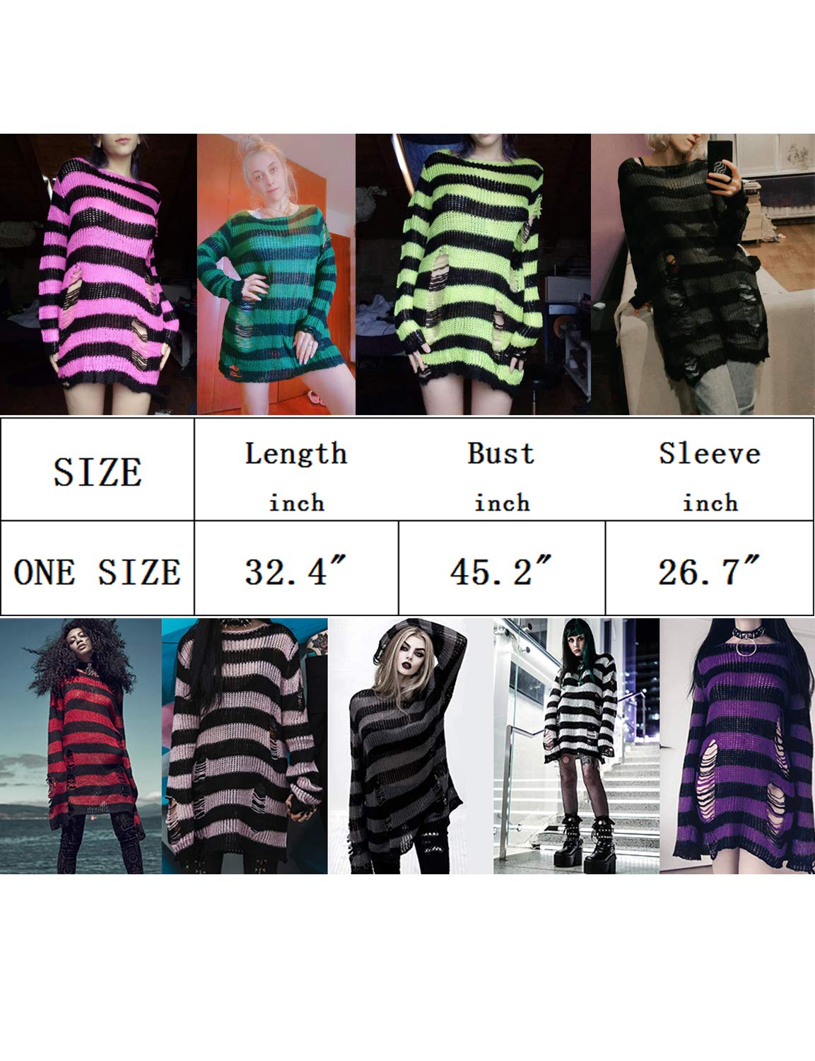 Vinsekep Women's Punk Gothic Sweater See Through Hole Ripped Striped Long Knit Pullover Dress Sweaters Shirt Black Purple Oversize OneSize