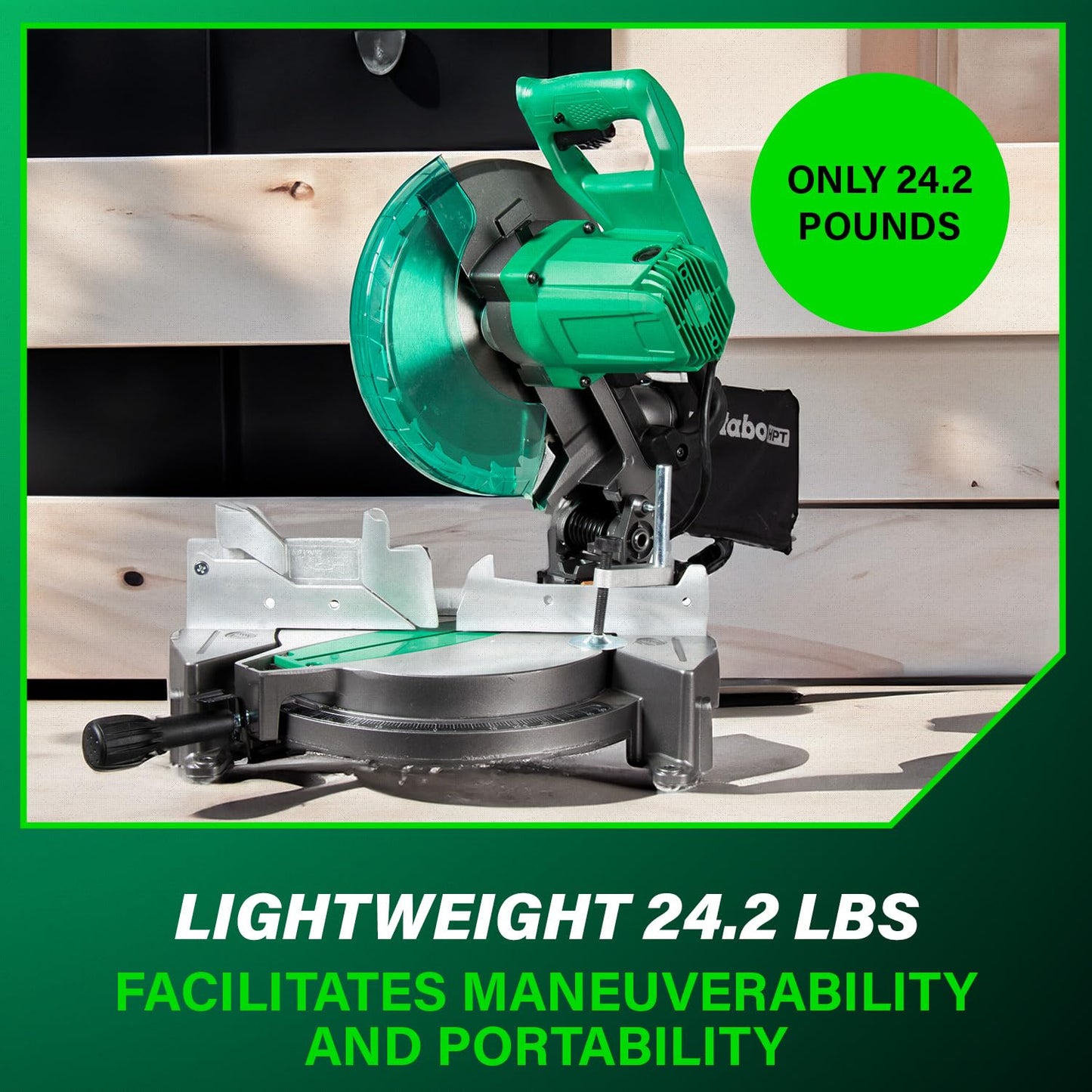 Metabo HPT 10-Inch Compound Miter Saw, 15-Amp Power Saw with Large 10-Inch Table, Precision Miter Angles, Single Bevel 0-45°, 24T TCT Blade, Positive Stops, Lightweight Design, C10FCGS