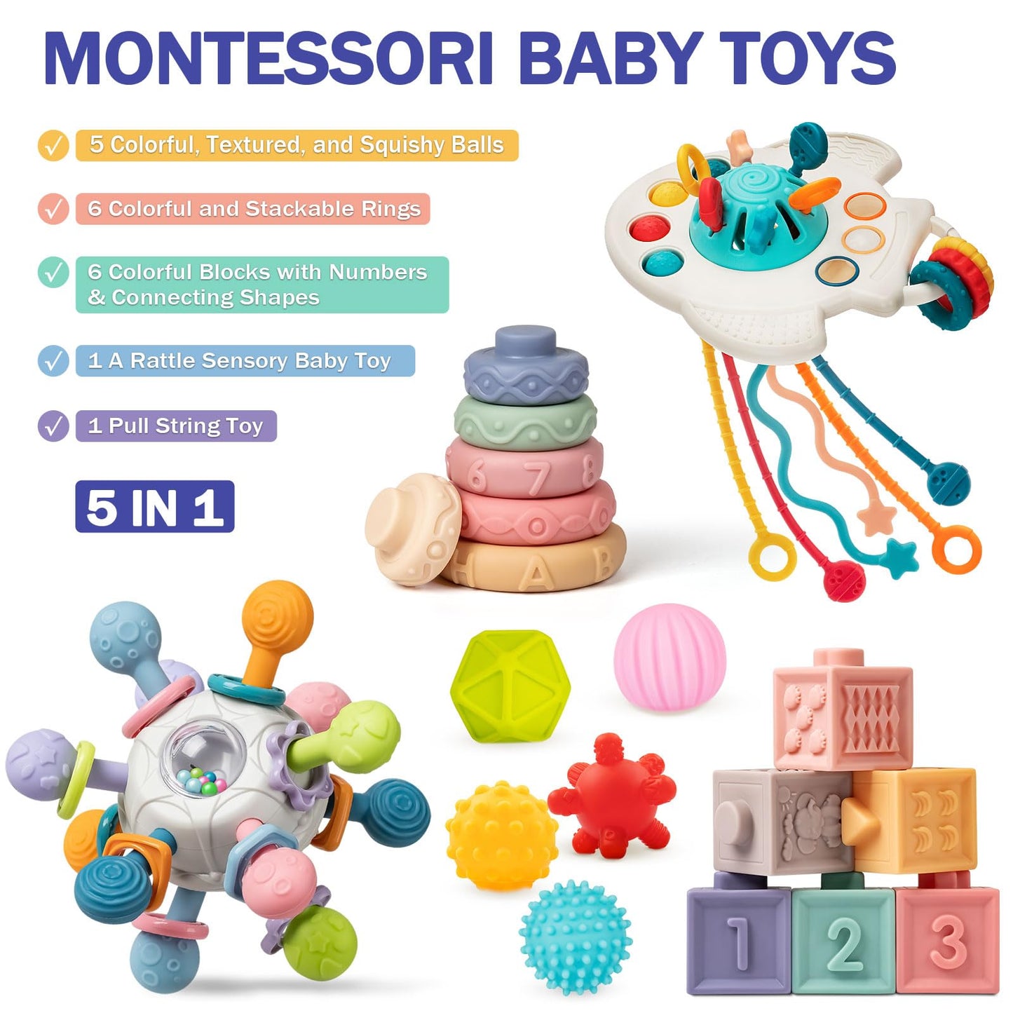 Baby Toys 6 to 12 Months, 5 In 1 Montessori Toys for 1 Year Old, Incl Travel Pull String Toy & Rattle Teether & Stacking Baby Block & Soft Infant Ring & Sensory Ball for Toddler 0-3-6-9-12 Month