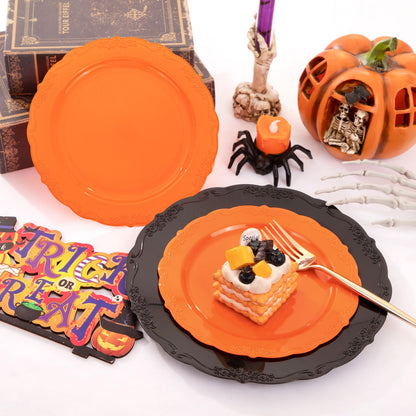 U-QE 60 Pieces Halloween Plastic Plates - Orange and Black Plates Disposable for Party - Halloween Party Supplies Including 30 Black Plastic Plate 10'' & 30 Orange Plate 7.5 ''