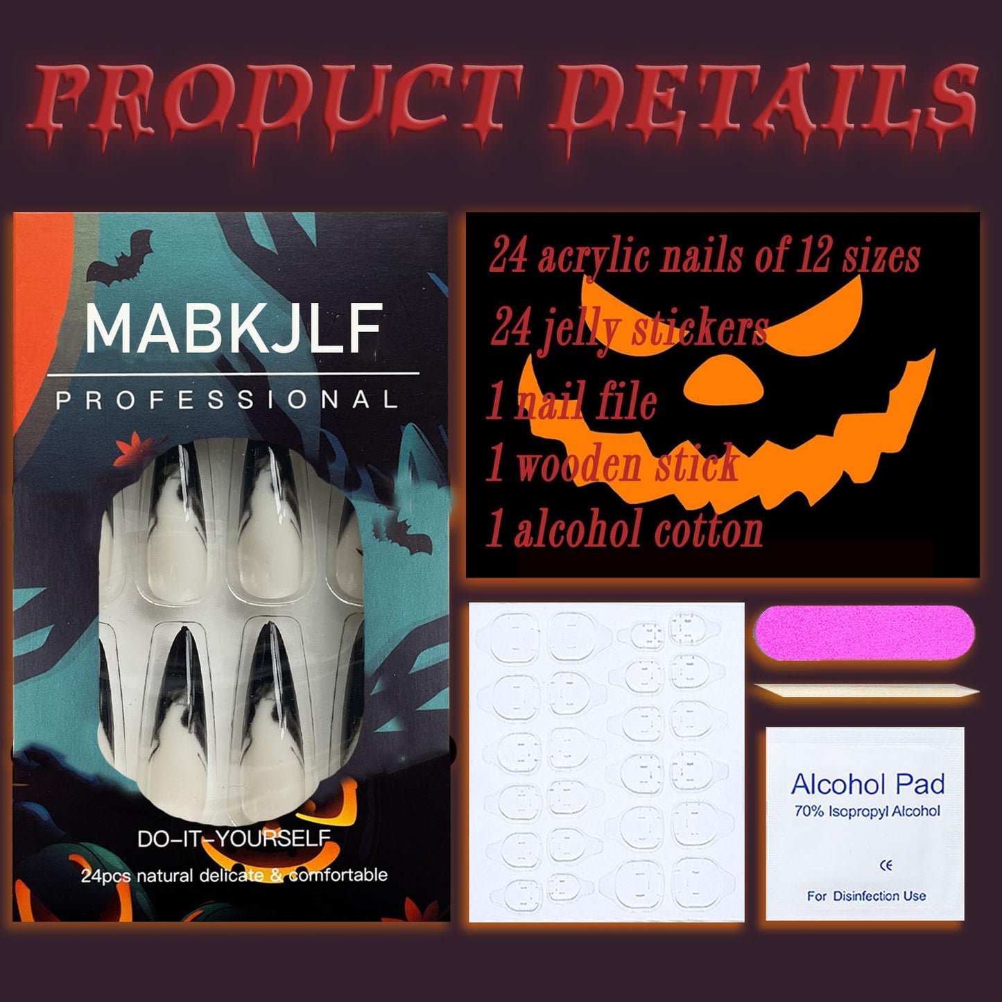 MABKJLF Halloween Press On Nails - Long Stiletto French Tip Fake Nails, Black Blood Gradient, Moon Designs, Glossy Glue On Artificial Nails, 24 Pcs