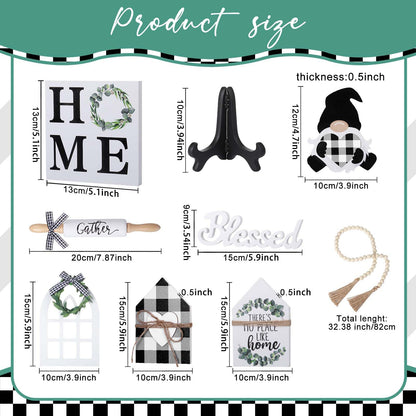 Yalikop 10 Pcs Farmhouse Decor for Tiered Tray, Black White Buffalo Plaid Gnome Wooden Mini Sign Rustic Table Ornaments for Kitchen Table Decor, Housewarming Gift (Cute Style)