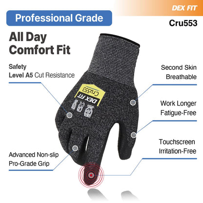 DEX FIT Level 5 Extreme Cut Resistant Gloves Cru553, Non-Slip Power Grip, Professional Grade 3D Comfort Fit, Thin & Lightweight, Breathable, Touchscreen Compatible, Itch-Free; Black Grey M 1 Pair