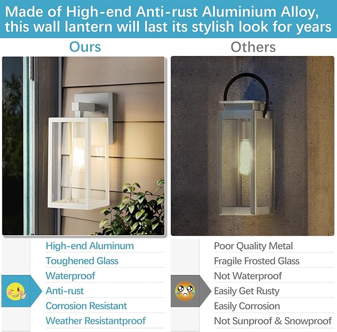 MAXvolador Outdoor Wall Sconce, Exterior Waterproof Lantern Light Fixtures, White Porch Light Toughened Glass, Anti-Rust E26 Patio Lighting, 2 Pack