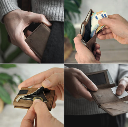 DONBOLSO Wallet 2 I Slim Wallet with Coin Pocket and RFID Protection I 8 Card Slots for up to 12 Cards I I Genuine Leather Credit Card Holder for Men and Women I Brown Vintage
