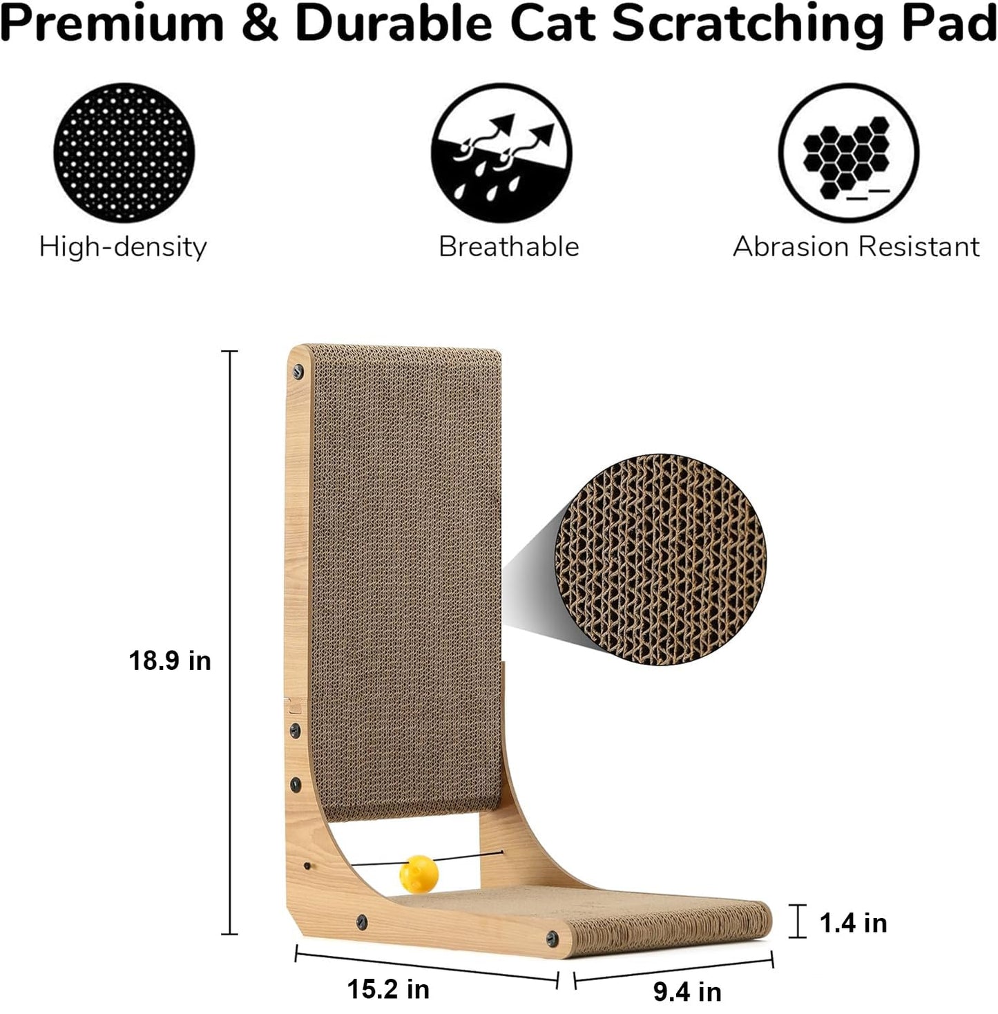 FUKUMARU Cat Scratcher, 18.9 Inch L Shape Cat Scratch Pad, Vertical Cat Scratcher Wall Mounted, Cat Scratching Cardboard with Ball Toy for Indoor Cats