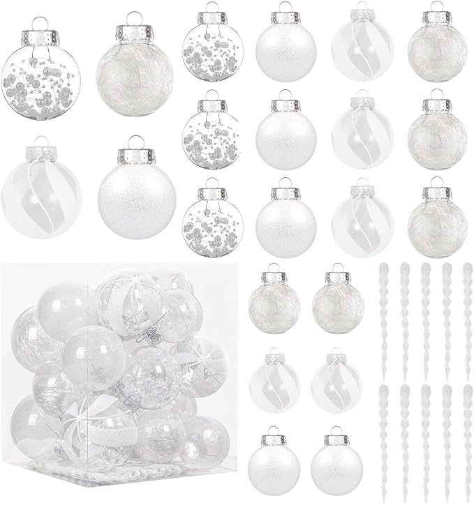 XmasExp 32ct Christmas Ball Ornaments Set -White Clear Plastic Shatterproof Xmas Tree Ball Decorations Hanging Baubles for Holiday Decor