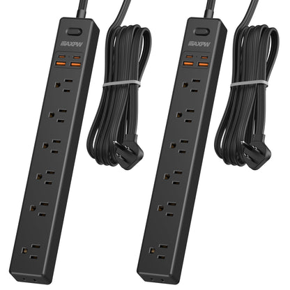 2 Pack Power Strip Surge Protector - 7 Outlets 4 USB Ports (2 USB C), 6 Ft Ultra Thin Flat Plug Extension Cord, 1875W/15A, 1700 Joules, Wall Mount for Home Office Dorm, White