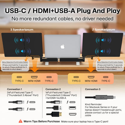 14" Dual Laptop Screen Extender with 1.3lbs - Ultra Thin Portable Monitor for Laptop Plug & Play, FHD 1080P Laptops Extended Monitor for 13"-17" Laptops, USB-C/HDMI Travel Display for Mac/Win