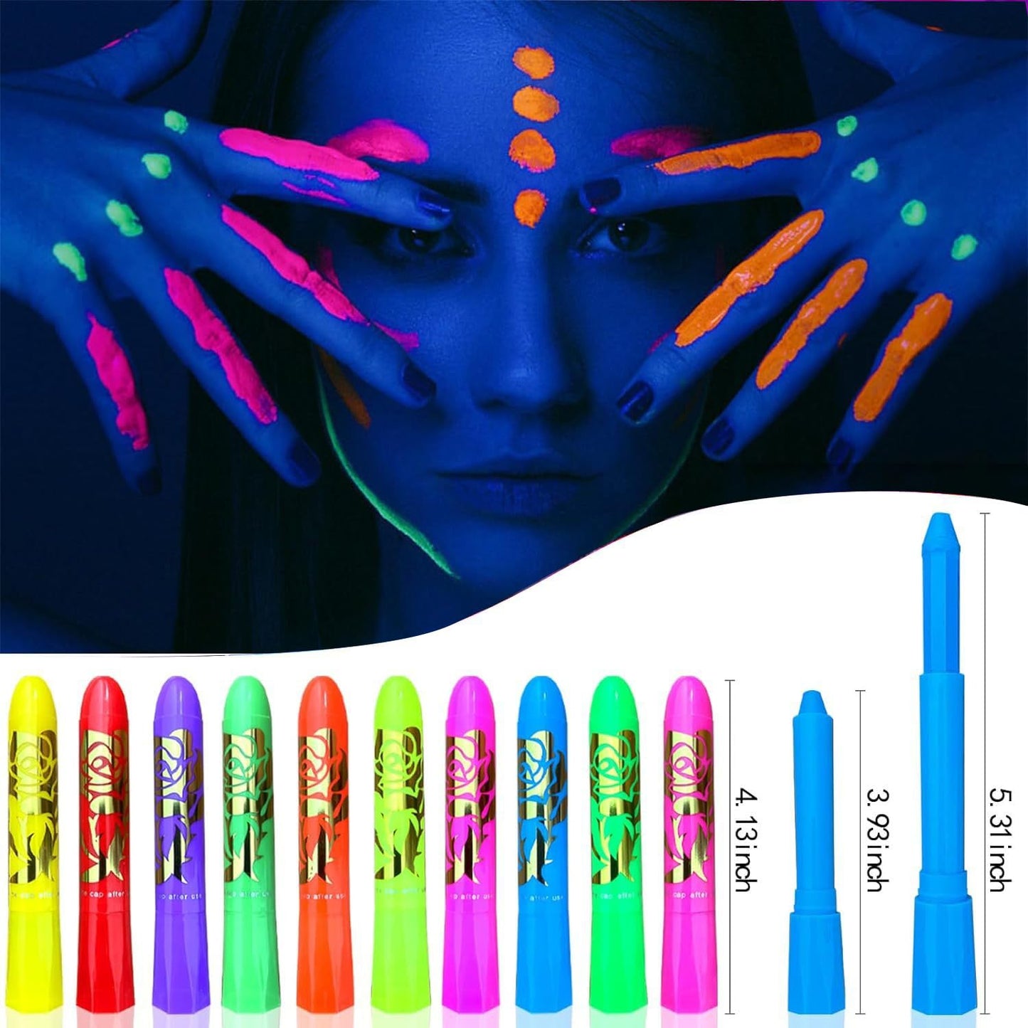 ONMAY UV Neon Face & Body Paint Stick -10 Glow-in-the-Dark Colors for Halloween, Parties, Raves-Safe Non-Toxic UV Reactive Makeup for Skin, Cosplay & Festivals