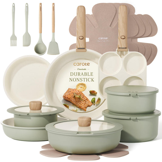CAROTE 25pcs Pots and Pans Set Non Stick, Cookware Sets, Kitchen Set, Oven/Dishwasher/Fridge Safe, Space Saving Pots Set, Nonstick Set with Versatile Detachable Handle, Induction RV Set, Green