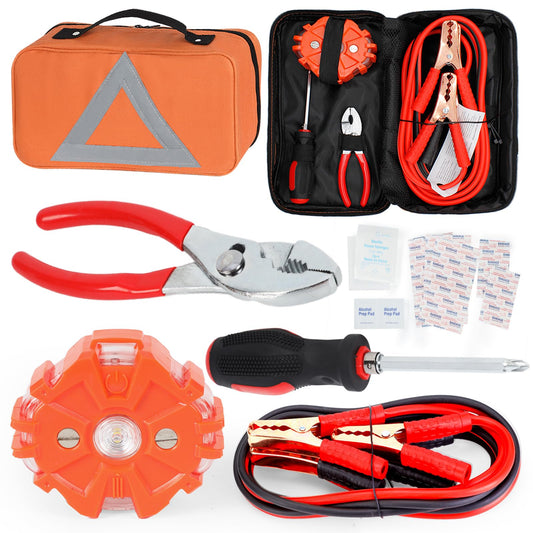 Car Safety Kit, NOONE Multifunctional Roadside Assistance Emergency Kits - First Aid Kit, Jumper Cables, LED Warning Light, Orange Strong Bag, Tools