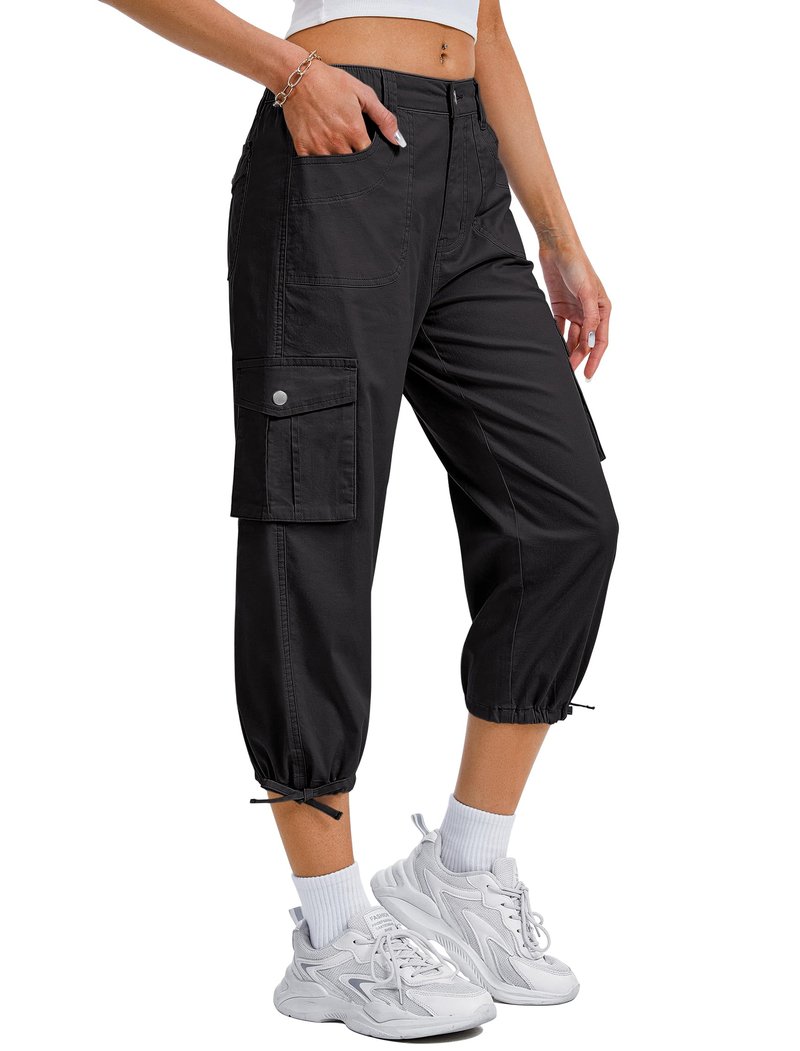 Eddoyee Cargo Capris for Women Cotton Hiking Pants with 6 Pockets Elastic High Waist Casual Summer Pants Black