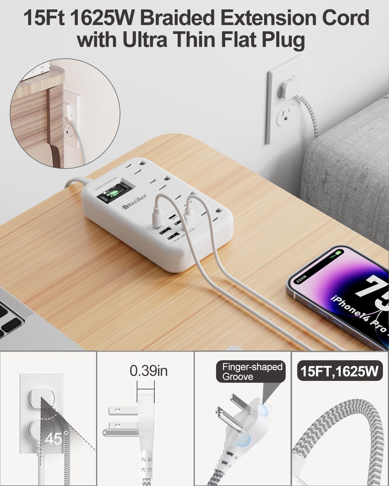 6 USB(2 USB C) Purple Travel Power Strip- 5Ft Lavender Extension Cord with 24W USB Charging Station and 4 Outlets, Purple Desk Accessories with Surge Protector for Cute Kawaii Office Dorm Room